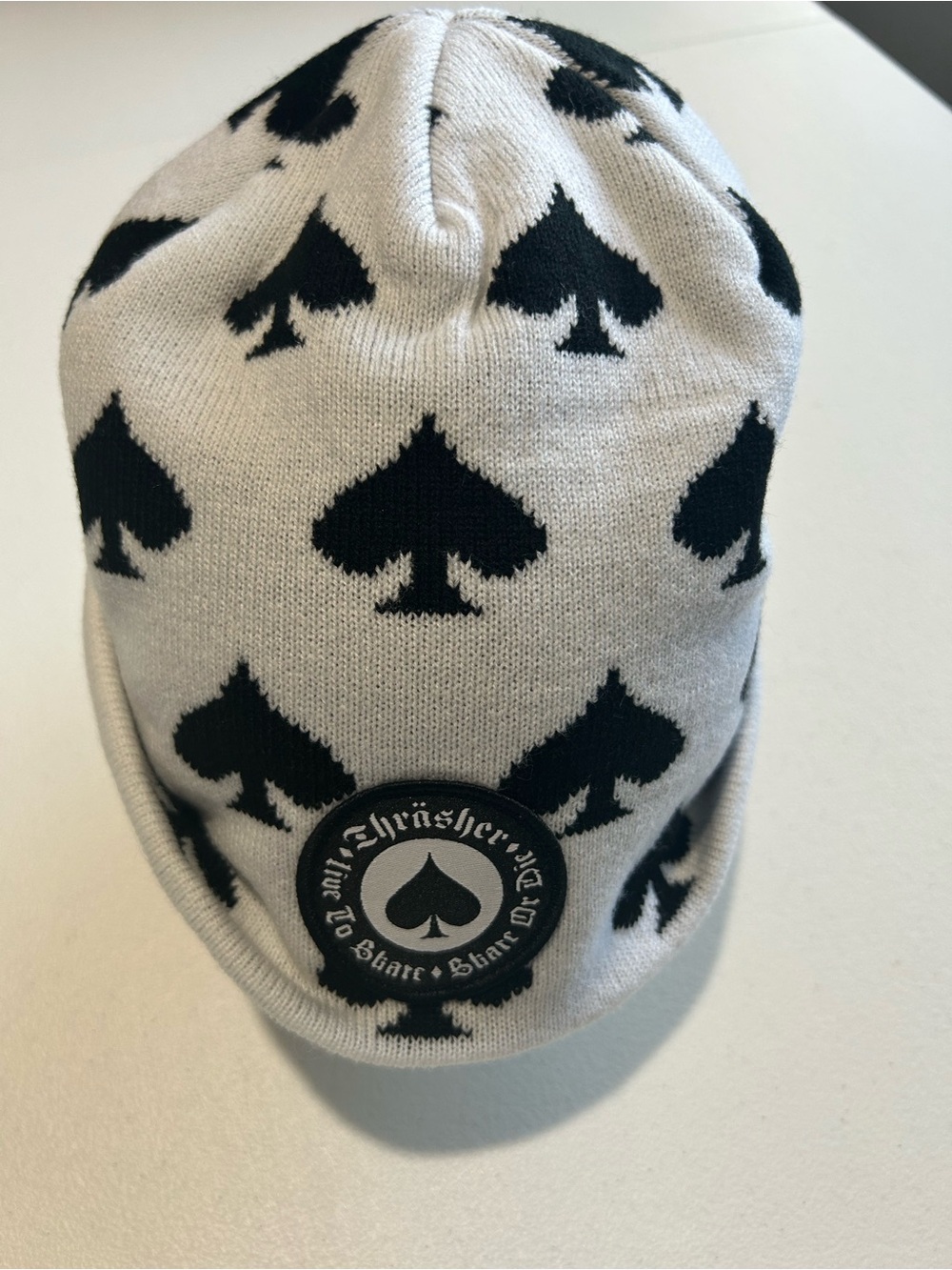 Spade Pattern Knit Beanie - Black & White